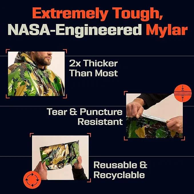PREPARED4X Emergency Rain Poncho with Mylar Blanket Liner - Survival Blankets for Car - Heavy Duty, Waterproof Camping Gear