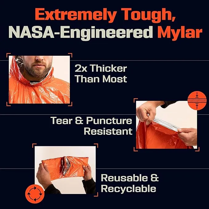 PREPARED4X Emergency Rain Poncho with Mylar Blanket Liner - Survival Blankets for Car - Heavy Duty, Waterproof Camping Gear