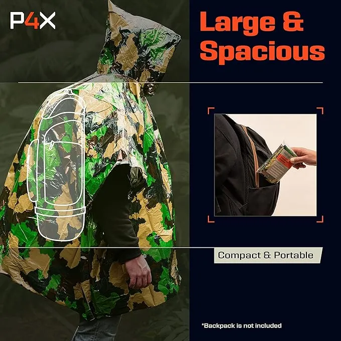 PREPARED4X Emergency Rain Poncho with Mylar Blanket Liner - Survival Blankets for Car - Heavy Duty, Waterproof Camping Gear