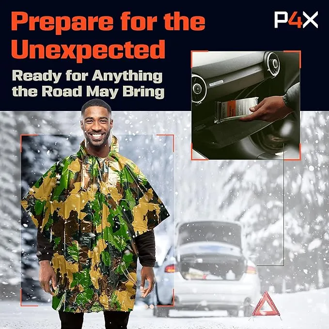PREPARED4X Emergency Rain Poncho with Mylar Blanket Liner - Survival Blankets for Car - Heavy Duty, Waterproof Camping Gear