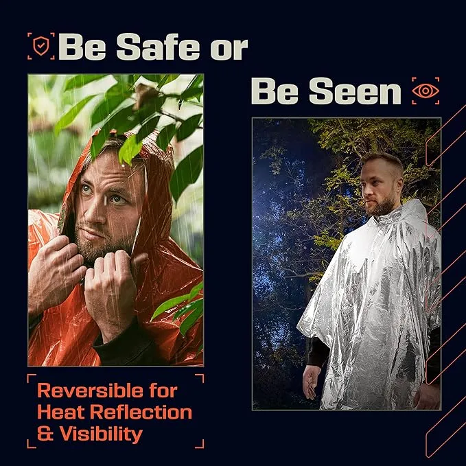 PREPARED4X Emergency Rain Poncho with Mylar Blanket Liner - Survival Blankets for Car - Heavy Duty, Waterproof Camping Gear