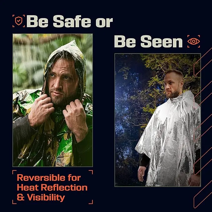 PREPARED4X Emergency Rain Poncho with Mylar Blanket Liner - Survival Blankets for Car - Heavy Duty, Waterproof Camping Gear