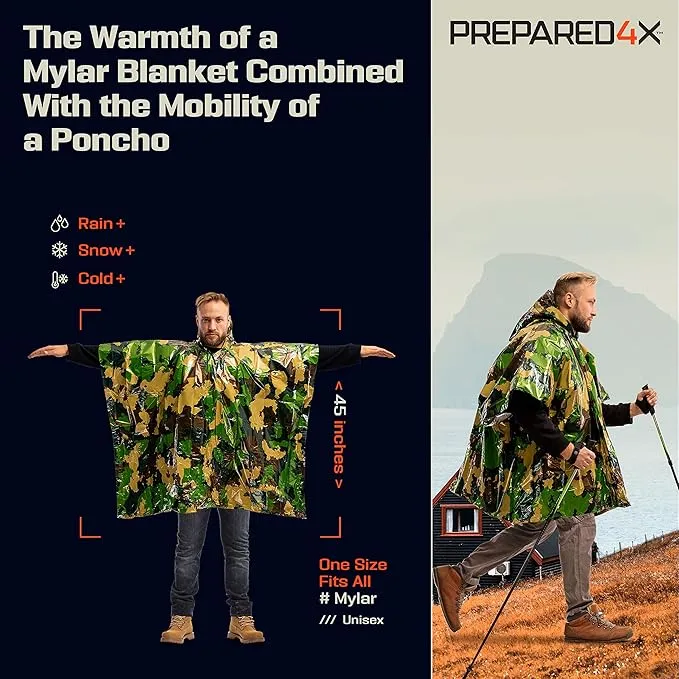 PREPARED4X Emergency Rain Poncho with Mylar Blanket Liner - Survival Blankets for Car - Heavy Duty, Waterproof Camping Gear