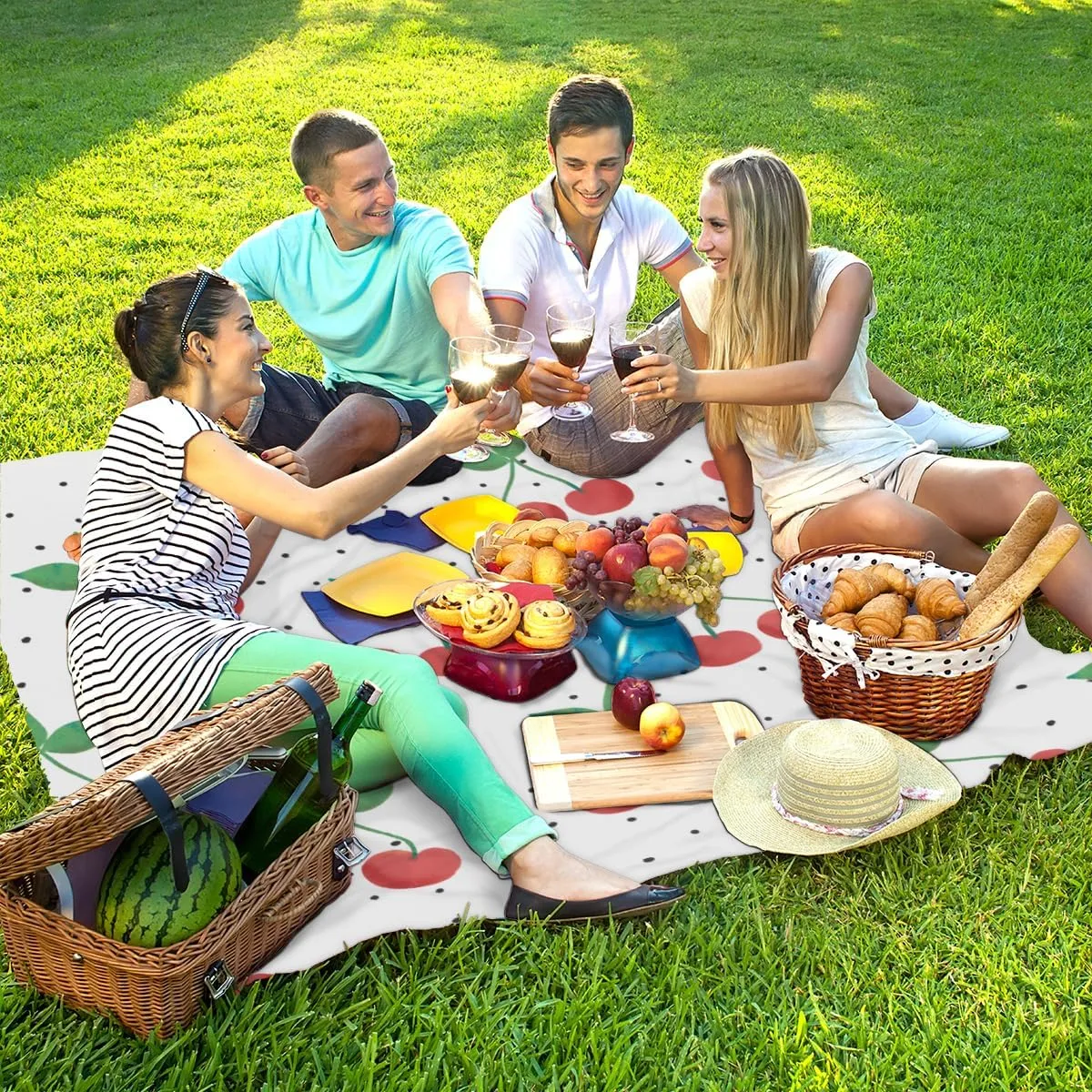 Pretty Cherries Beach Blanket Adults Waterproof Sandproof Large Beach Mat 59”x 68” Compact Lightweight Picnic Blankets Portable Quick Drying Sand Free Mats for Travel Camping Hiking
