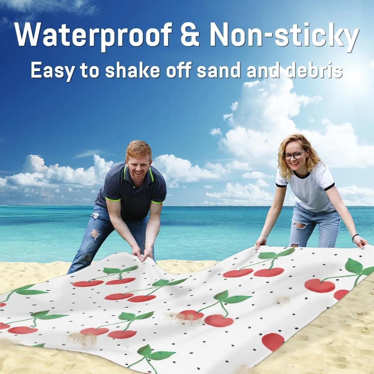 Pretty Cherries Beach Blanket Adults Waterproof Sandproof Large Beach Mat 59”x 68” Compact Lightweight Picnic Blankets Portable Quick Drying Sand Free Mats for Travel Camping Hiking