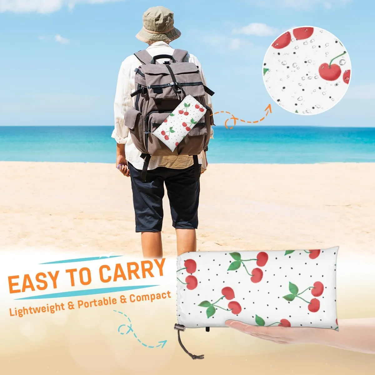 Pretty Cherries Beach Blanket Adults Waterproof Sandproof Large Beach Mat 59”x 68” Compact Lightweight Picnic Blankets Portable Quick Drying Sand Free Mats for Travel Camping Hiking