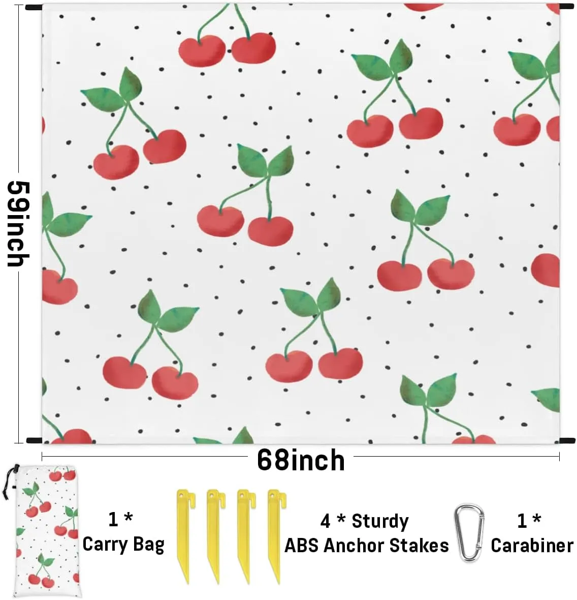 Pretty Cherries Beach Blanket Adults Waterproof Sandproof Large Beach Mat 59”x 68” Compact Lightweight Picnic Blankets Portable Quick Drying Sand Free Mats for Travel Camping Hiking