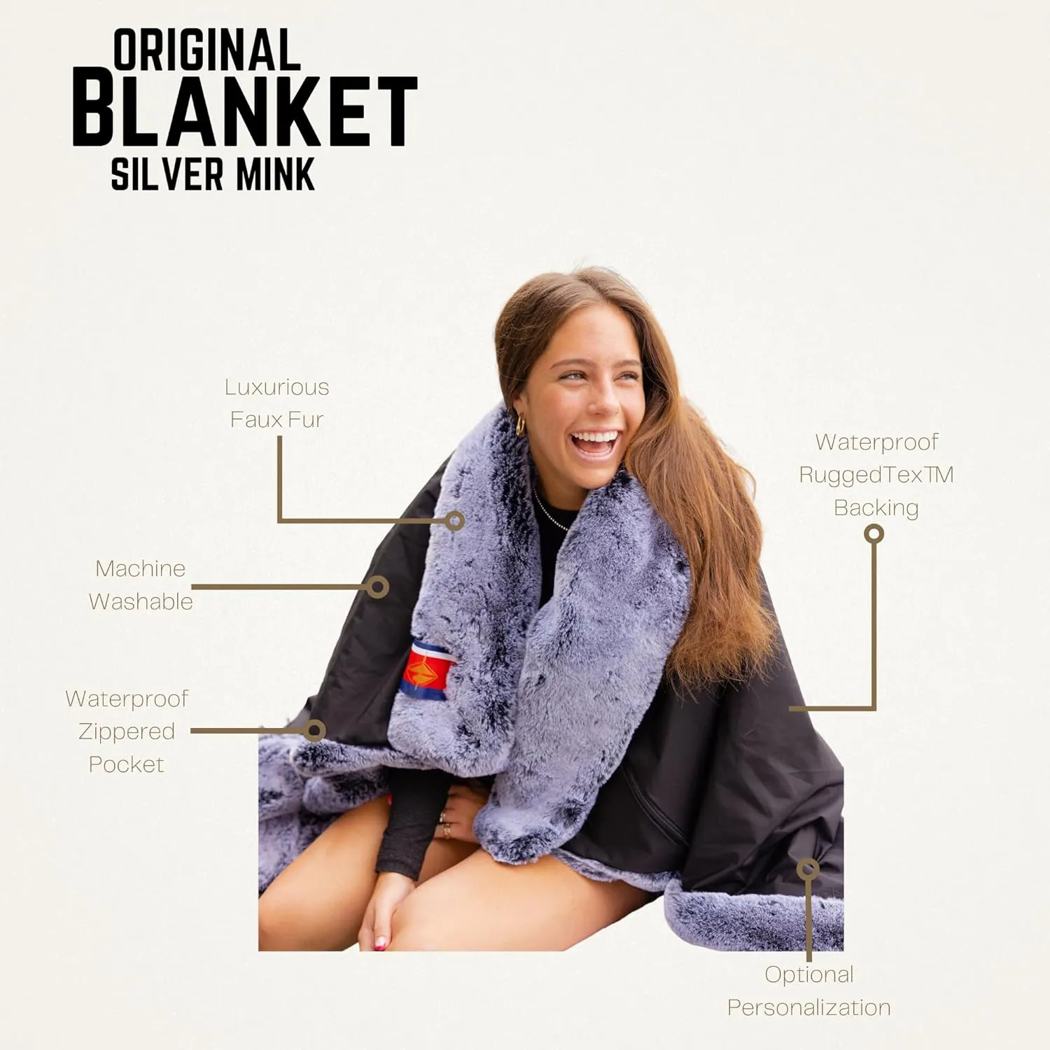 Pretty Rugged Faux Fur Luxe Customizable Original Blanket, Waterproof and Reversible, Machine Washable Fuzzy Throw, Silver Mink