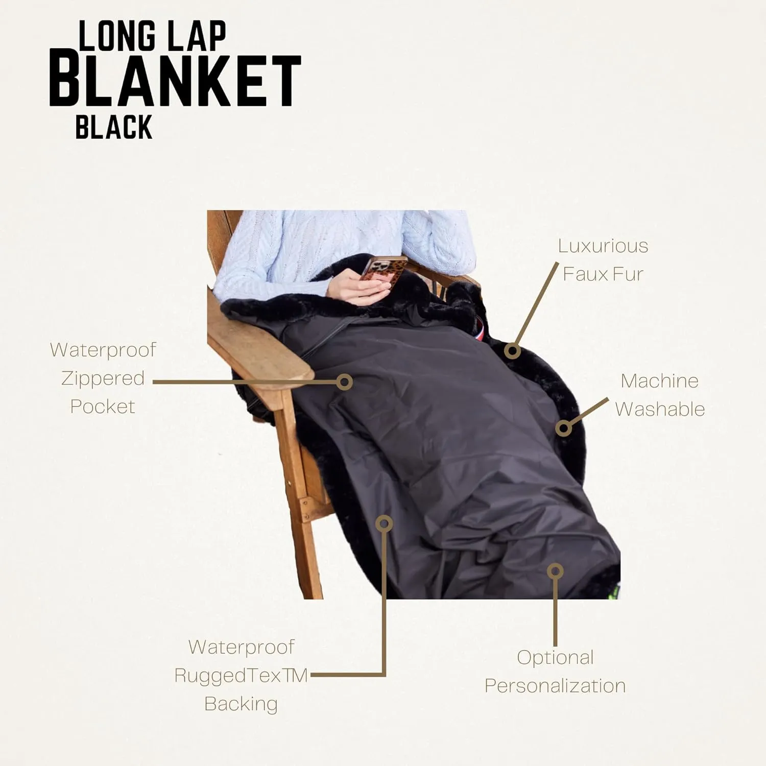 Pretty Rugged Faux Mink Luxe Customizable Long Lap Blanket, Waterproof and Reversible, Machine Washable Fuzzy Throw, Black