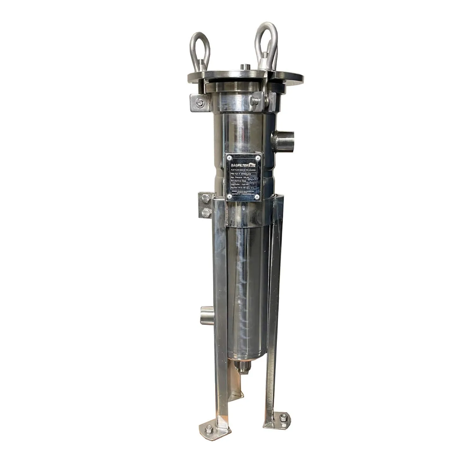 PRM #4 304 Stainless Steel Bag Filter Housing – NPT Inlet, Dual Port Outlet, 150 PSI, 40 GPM Max Flow Rate, Viton O-Rings, Drain Port, Mounting Stand, Strainer Basket – Industrial Filtration