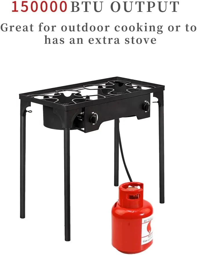 Propane Burner, Outdoor Camping Stove with High Pressure Braided Hose, 0-20 PSI Regulator, Gas Stove, Portable Propane Stove for Tailgating, Home Brewing, BBQ, Cooking (Dual Burner, 150000 BTU)