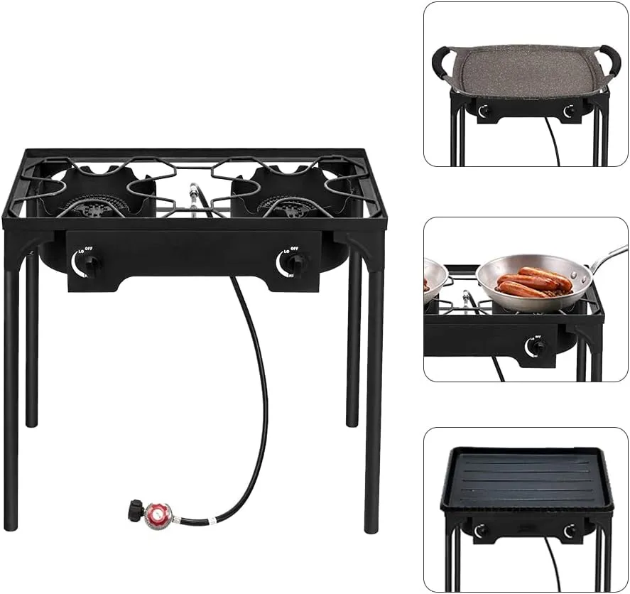 Propane Burner, Outdoor Camping Stove with High Pressure Braided Hose, 0-20 PSI Regulator, Gas Stove, Portable Propane Stove for Tailgating, Home Brewing, BBQ, Cooking (Dual Burner, 150000 BTU)