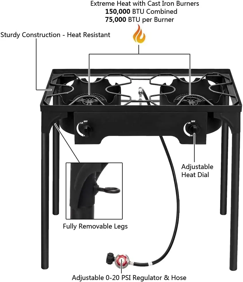 Propane Burner, Outdoor Camping Stove with High Pressure Braided Hose, 0-20 PSI Regulator, Gas Stove, Portable Propane Stove for Tailgating, Home Brewing, BBQ, Cooking (Dual Burner, 150000 BTU)