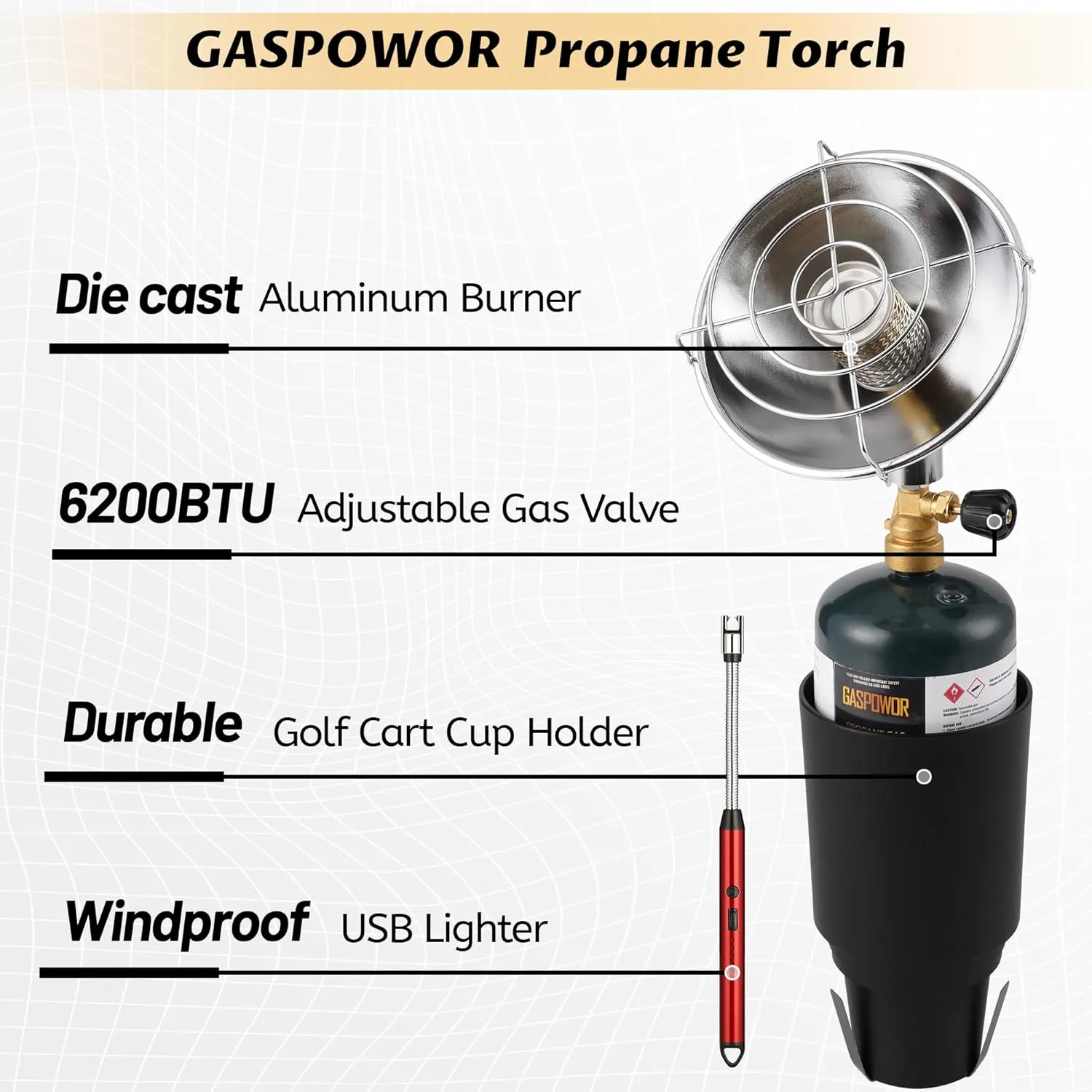 Propane Golf Cart Heater 6200BTU, Outdoor Propane Heater with Golf Cart Cup Holder(Fuel not included)