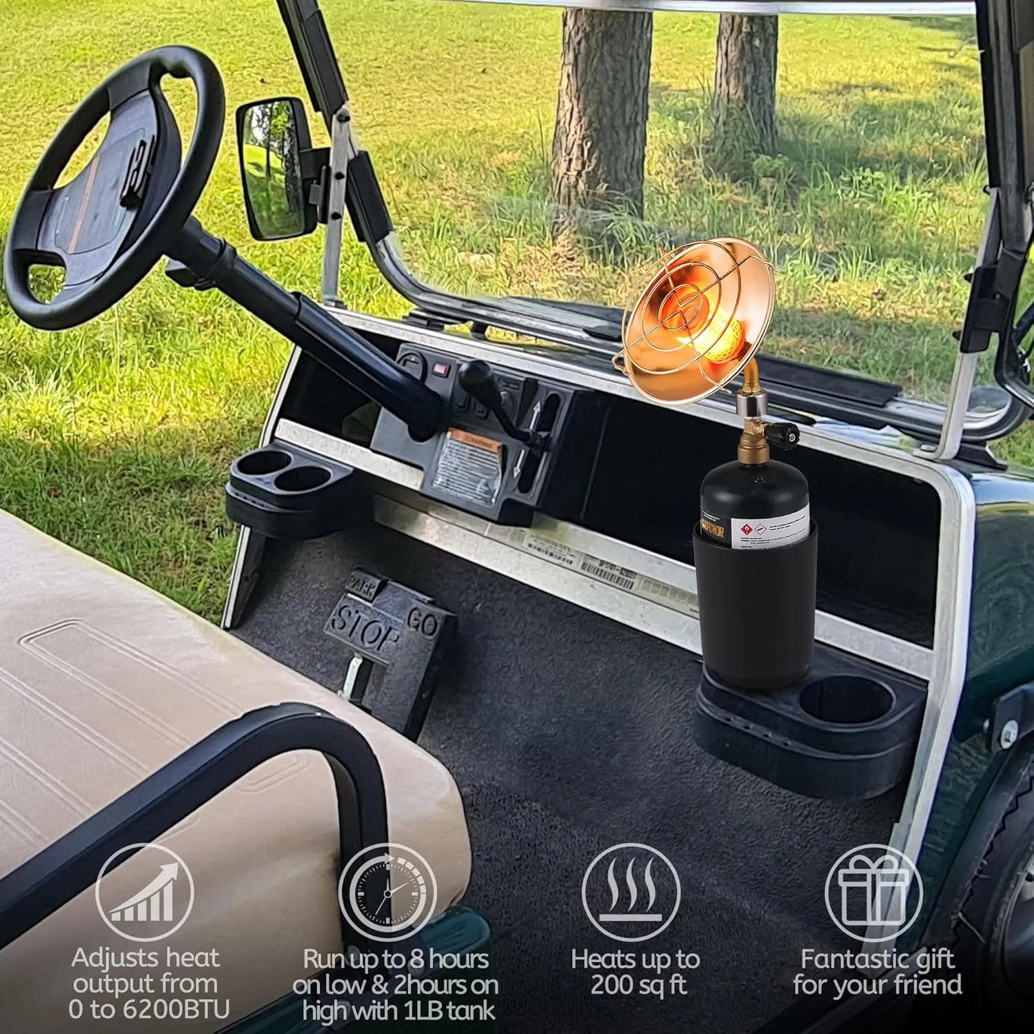 Propane Golf Cart Heater 6200BTU, Outdoor Propane Heater with Golf Cart Cup Holder(Fuel not included)