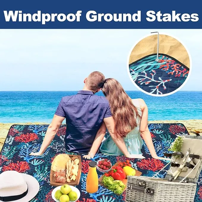 PY SUPER MODE Picnic Blankets Extra Large, Waterproof Foldable Outdoor Beach Blanket Oversized 83x79” Sandproof, 3-Layer Picnic Mat for Camping, Hiking, Travel, Park, Concerts-Sea World