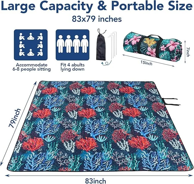 PY SUPER MODE Picnic Blankets Extra Large, Waterproof Foldable Outdoor Beach Blanket Oversized 83x79” Sandproof, 3-Layer Picnic Mat for Camping, Hiking, Travel, Park, Concerts-Sea World