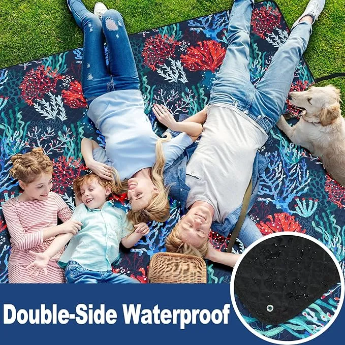 PY SUPER MODE Picnic Blankets Extra Large, Waterproof Foldable Outdoor Beach Blanket Oversized 83x79” Sandproof, 3-Layer Picnic Mat for Camping, Hiking, Travel, Park, Concerts-Sea World