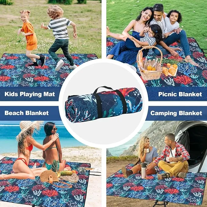 PY SUPER MODE Picnic Blankets Extra Large, Waterproof Foldable Outdoor Beach Blanket Oversized 83x79” Sandproof, 3-Layer Picnic Mat for Camping, Hiking, Travel, Park, Concerts-Sea World