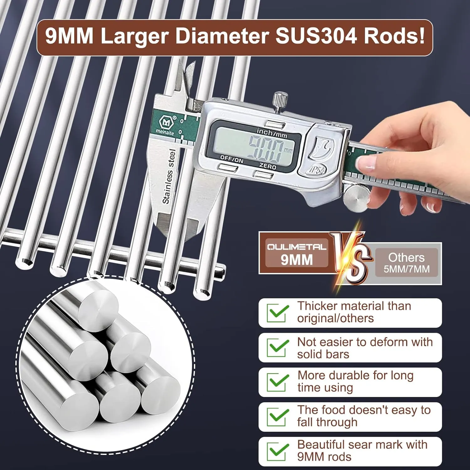 QuliMetal 18.75" 9MM Grill Grates for Weber Genesis II, Grill Parts for Weber Genesis II LX 300 Series, Genesis II E&S 310 315 320 325 340, Replacement Parts for Weber 66095, 304 Stainless Steel