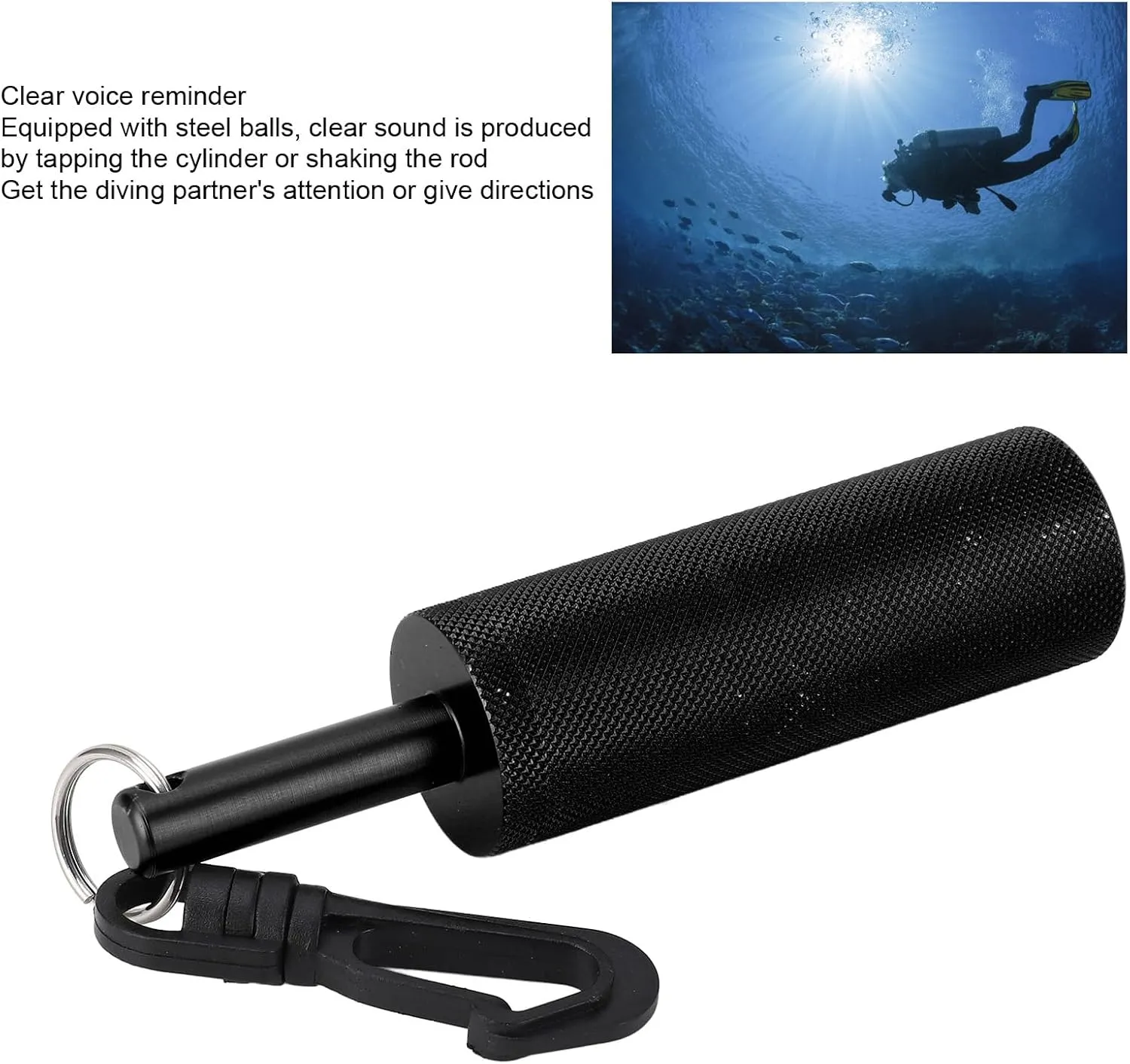 Rattle Stick, Aluminum Alloy Diving Signal Bell Stick with Steel Beads for Underwater Communication, 360 Degree Rotatable Quick Hook, Easy to Carry, Dive Bell for Safety