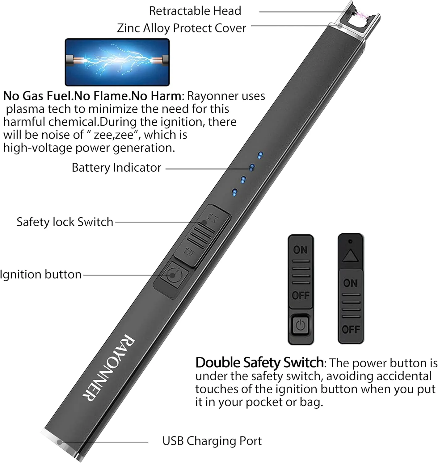 RAYONNER Electric Candle Lighter with Safety Switch - USB Rechargeable Windproof & Flameless Plasma Arc Lighter for Easter Basket Stuffers(Black, 1 Count (Pack of 3))