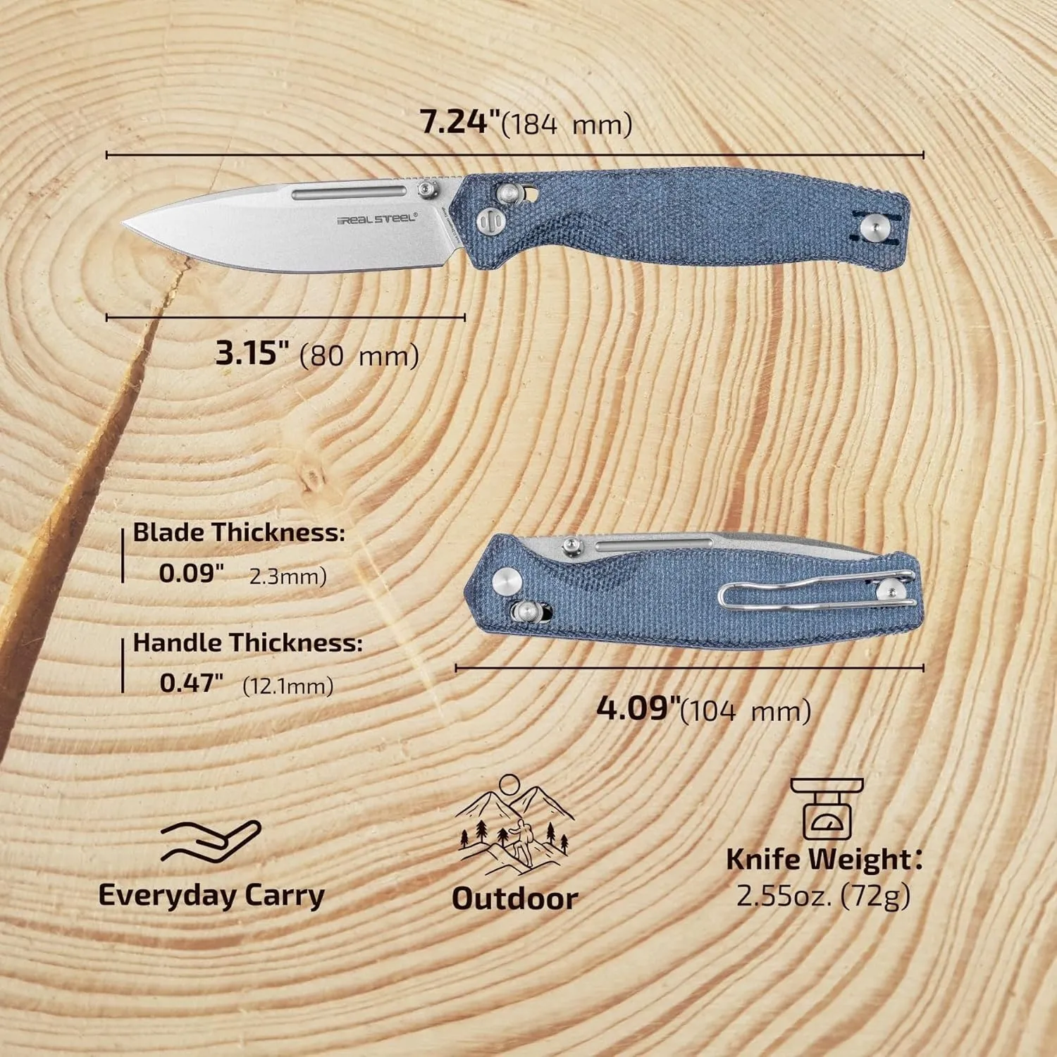 REALSTEEL Huginn Compact Folding Pocket Knife,Crossbar Lock,3.15''VG-10 Steel Blade,Thumb Stud,Micarta Handle,with Clip,EDC Gift for Men Women Camping,Hiking,Outdoor Use(Stonewashed/Denim Micarta)