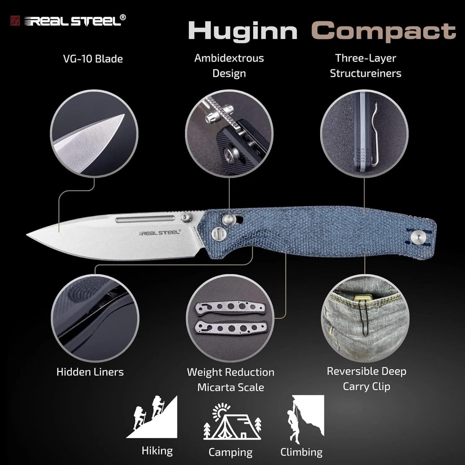 REALSTEEL Huginn Compact Folding Pocket Knife,Crossbar Lock,3.15''VG-10 Steel Blade,Thumb Stud,Micarta Handle,with Clip,EDC Gift for Men Women Camping,Hiking,Outdoor Use(Stonewashed/Denim Micarta)