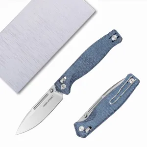 REALSTEEL Huginn Compact Folding Pocket Knife,Crossbar Lock,3.15''VG-10 Steel Blade,Thumb Stud,Micarta Handle,with Clip,EDC Gift for Men Women Camping,Hiking,Outdoor Use(Stonewashed/Denim Micarta)