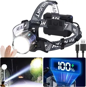 Rechargeable 20,000 Lumens Headlamp - 1500m Long Beam, Zoomable LED with Sensor, Power Display & IPX6 Waterproof