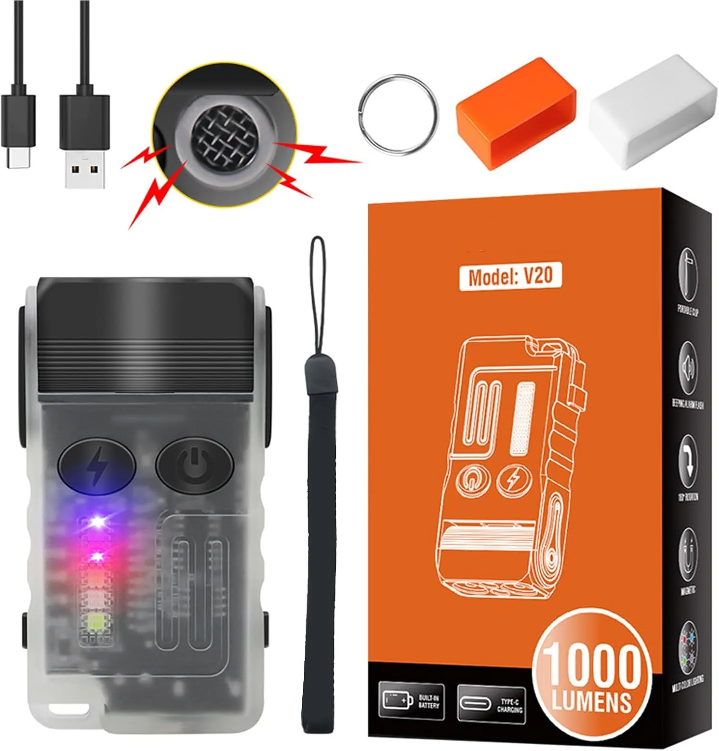 Rechargeable Dual Beam Headlamp Flashlight, 110dB Alarm Red Blue Light, Magnetic Clip 180° Adjustable, for Camping Hiking Emergency Use