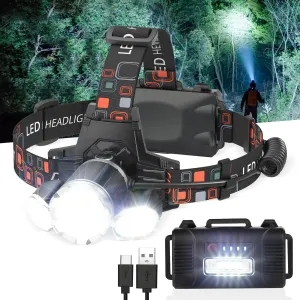 Rechargeable Headlamp, 1500 Lumen Head Lamp, Super Bright LED Head Light Camping Accessories with Red Light, 4 Modes USB Recharge Flashlight, Waterproof Headlight Camping Gear for Adults