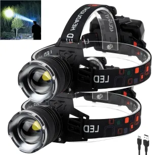 Rechargeable LED Headlamp, 100000 Lumens, 90 Adjustable, Waterproof, USB Rechargeable, Long Battery Life, Durable and Lightweight