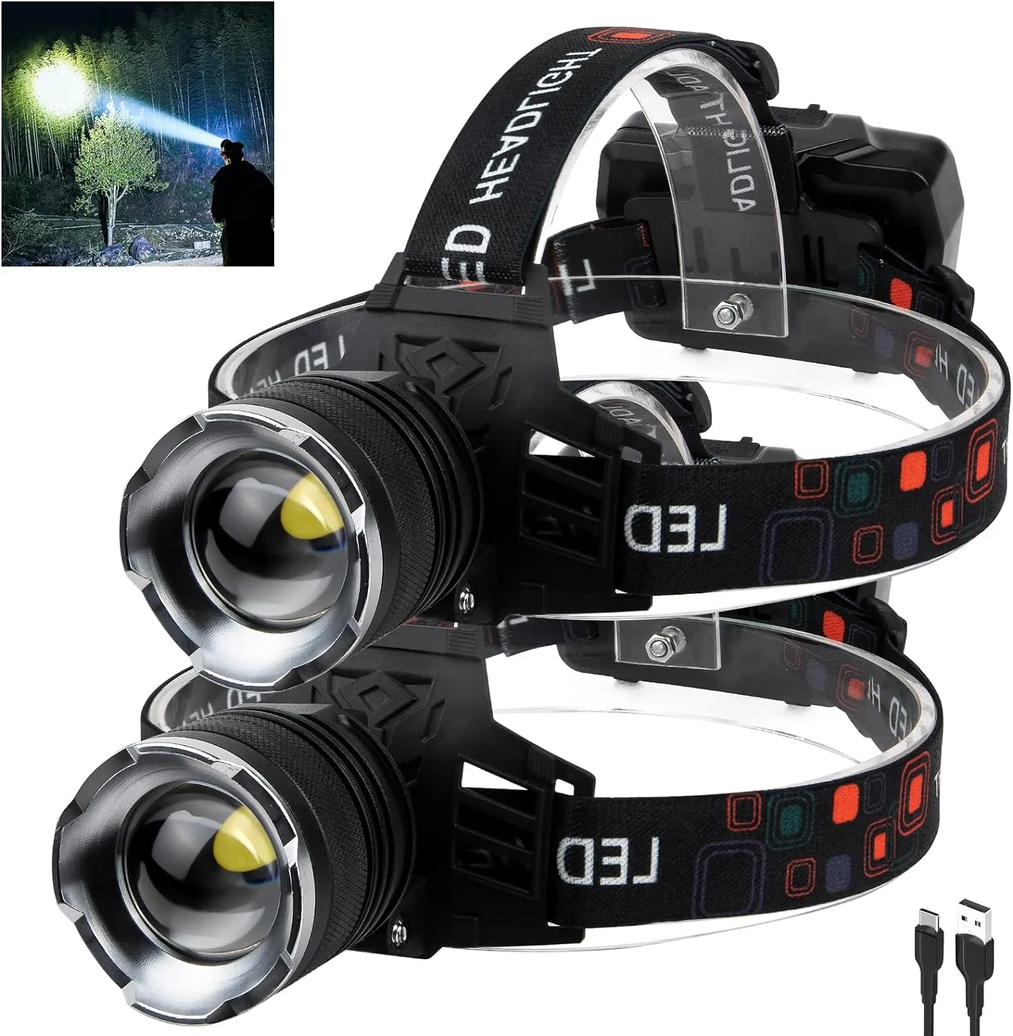 Rechargeable LED Headlamp, 100000 Lumens, 90 Adjustable, Waterproof, USB Rechargeable, Long Battery Life, Durable and Lightweight
