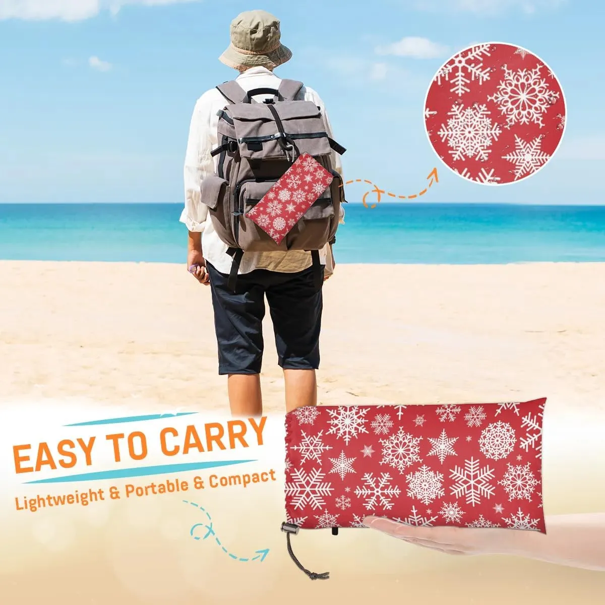 Red Christmas Beach Blanket, Sandproof Beach Mat, 68 x 59 Waterproof Quick Drying Sand Free Mat with 4 x Ground Spikes for Outdoor Travel Camping Hiking, Snowflake