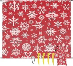 Red Christmas Beach Blanket, Sandproof Beach Mat, 68 x 59 Waterproof Quick Drying Sand Free Mat with 4 x Ground Spikes for Outdoor Travel Camping Hiking, Snowflake