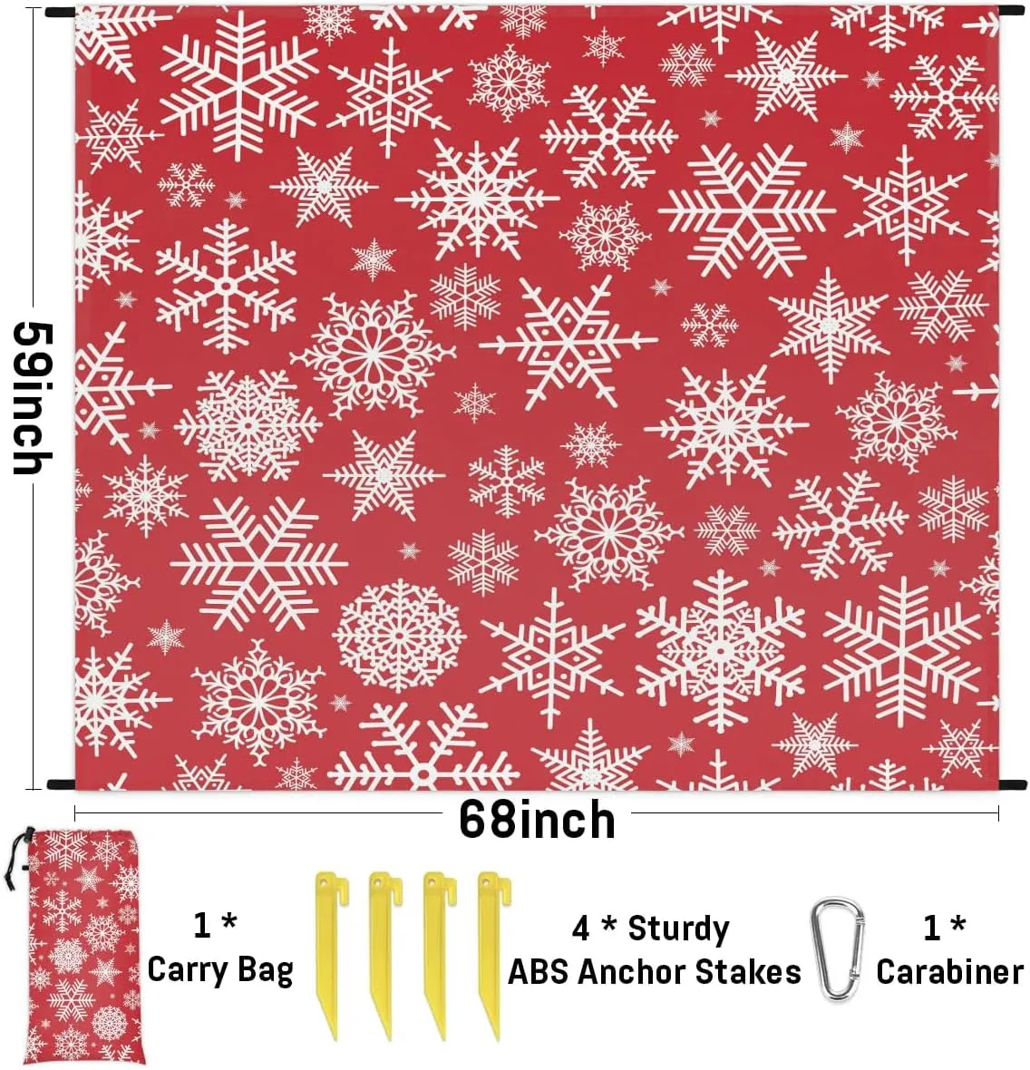 Red Christmas Beach Blanket, Sandproof Beach Mat, 68 x 59 Waterproof Quick Drying Sand Free Mat with 4 x Ground Spikes for Outdoor Travel Camping Hiking, Snowflake