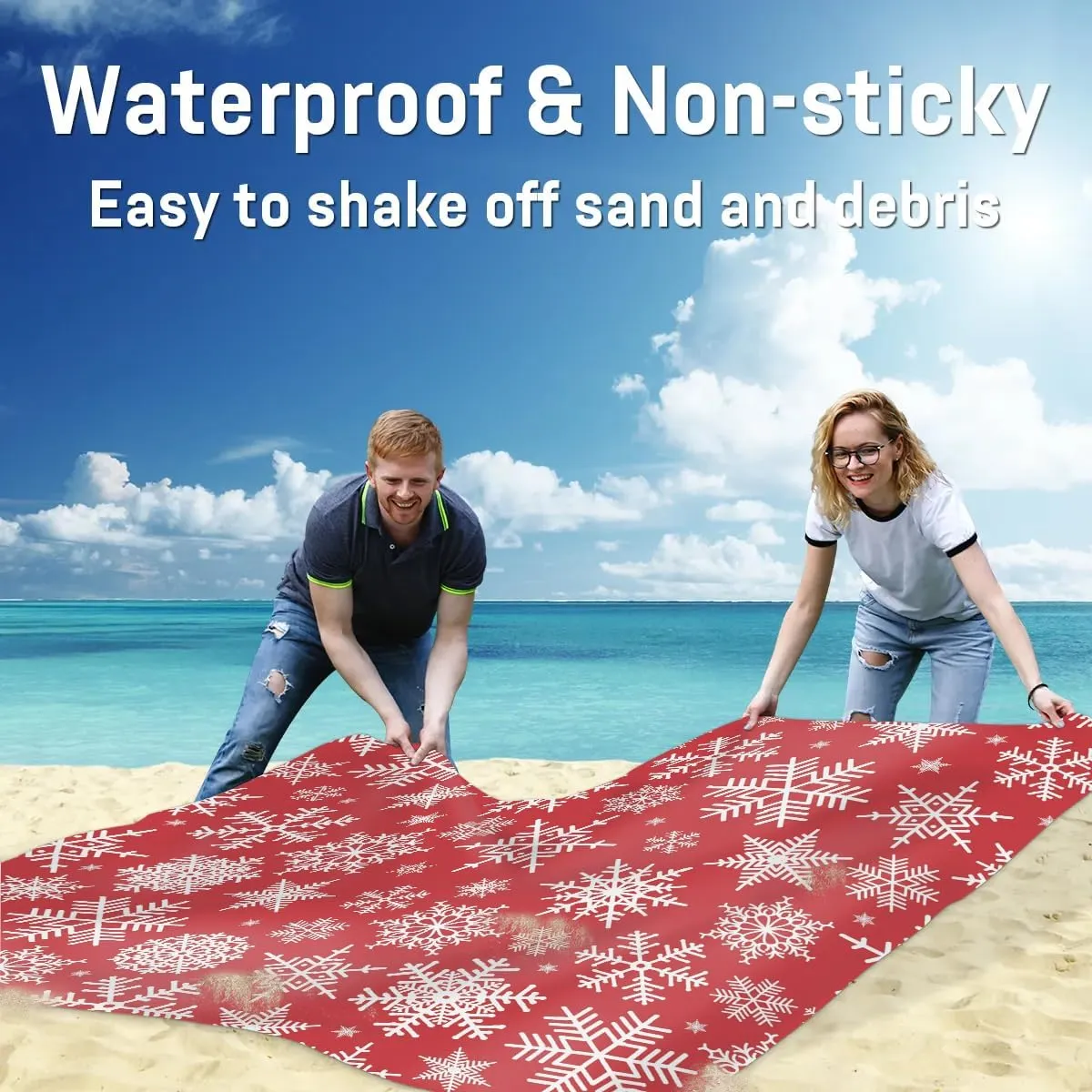 Red Christmas Beach Blanket, Sandproof Beach Mat, 68 x 59 Waterproof Quick Drying Sand Free Mat with 4 x Ground Spikes for Outdoor Travel Camping Hiking, Snowflake