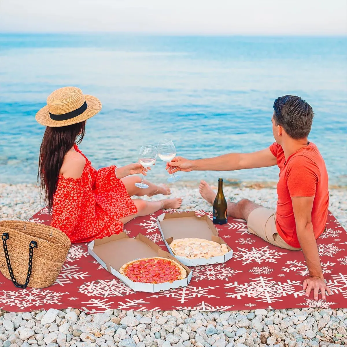 Red Christmas Beach Blanket, Sandproof Beach Mat, 68 x 59 Waterproof Quick Drying Sand Free Mat with 4 x Ground Spikes for Outdoor Travel Camping Hiking, Snowflake