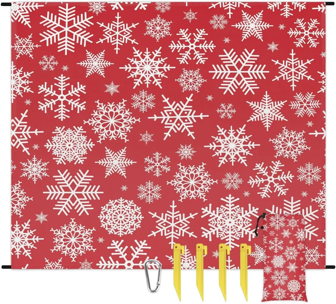 Red Christmas Beach Blanket, Sandproof Beach Mat, 68 x 59 Waterproof Quick Drying Sand Free Mat with 4 x Ground Spikes for Outdoor Travel Camping Hiking, Snowflake