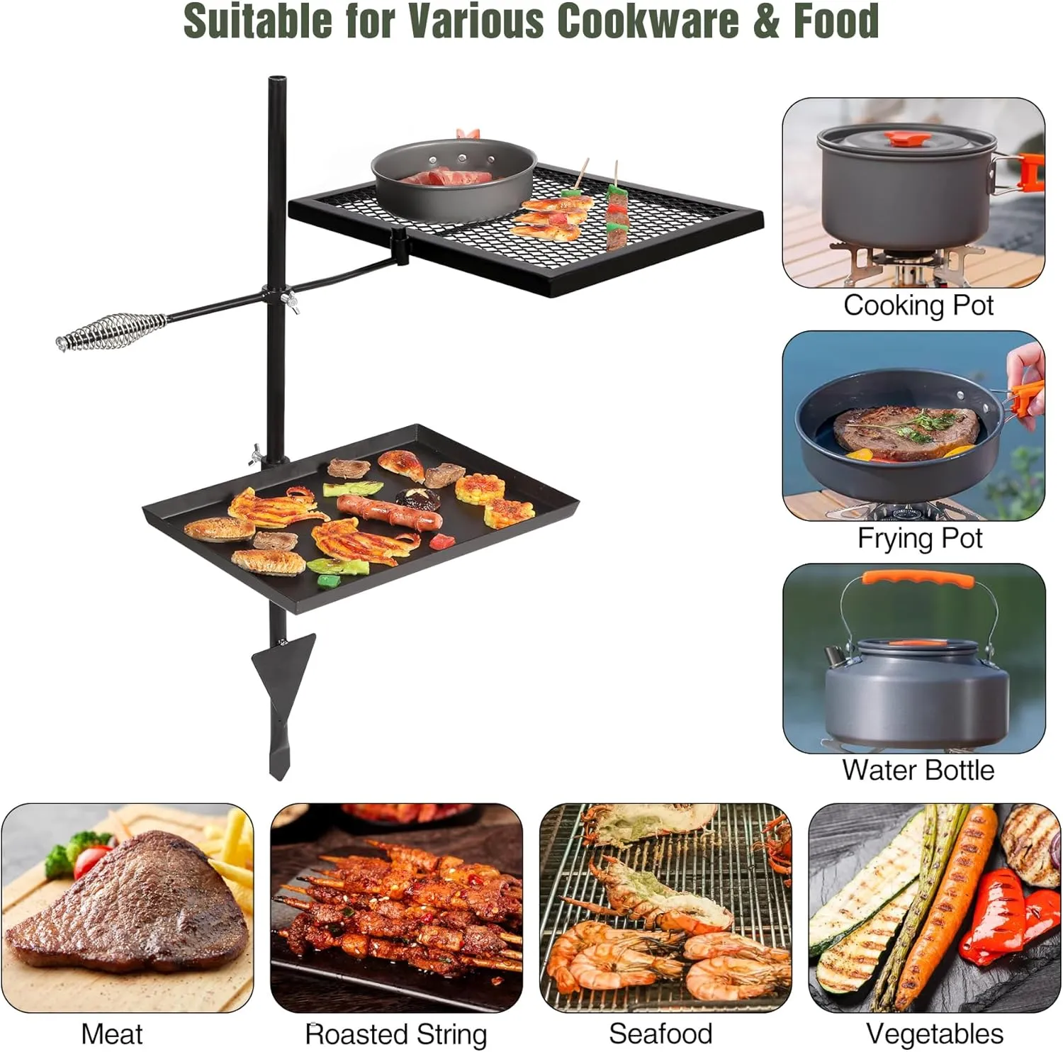 REDCAMP Swivel Campfire Grill Skillet Combo, Portable Heavy Duty Camping Grill Grate with Carrying Bag for Outdoor Fire pit Open Flame Cooking