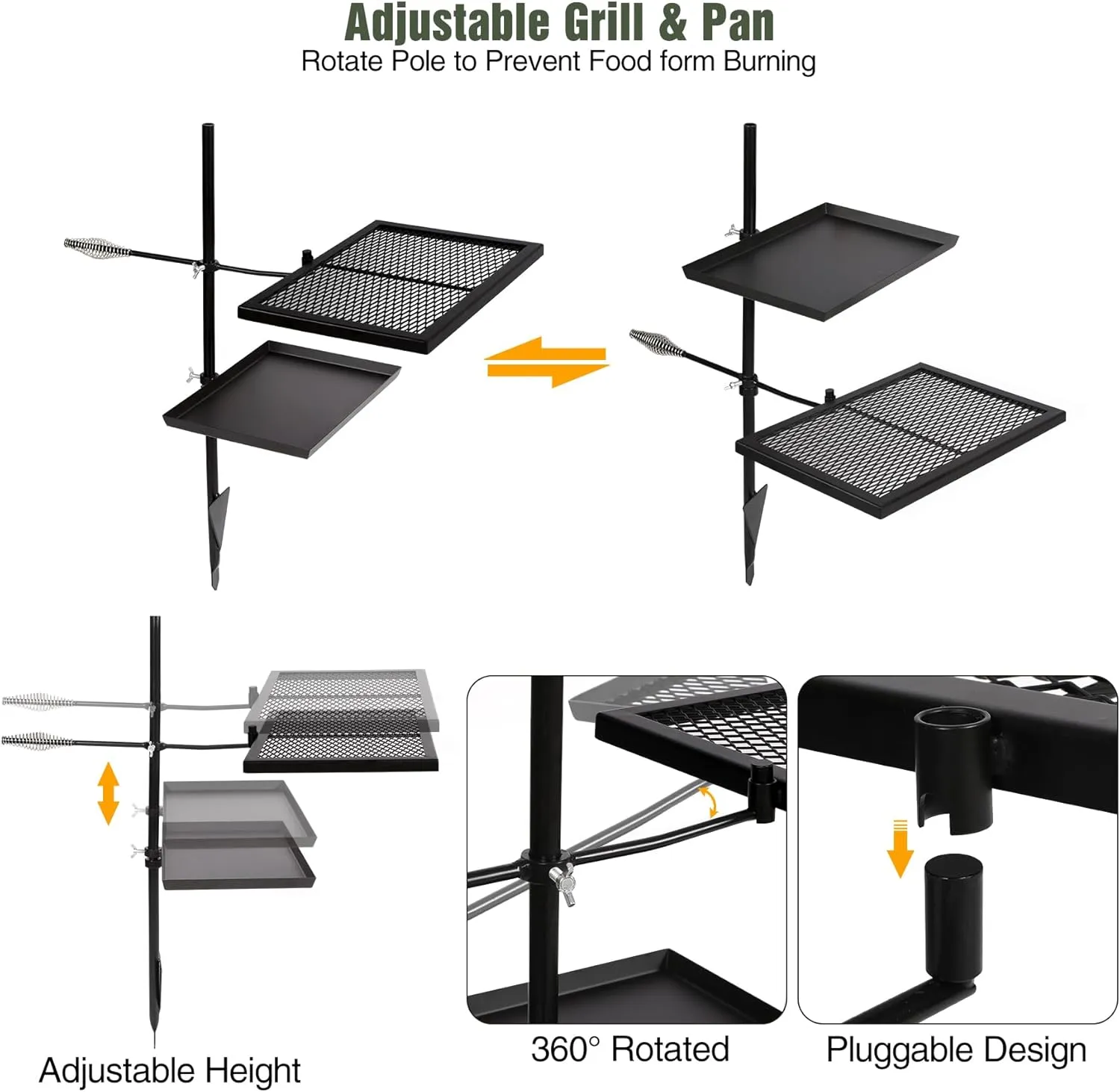 REDCAMP Swivel Campfire Grill Skillet Combo, Portable Heavy Duty Camping Grill Grate with Carrying Bag for Outdoor Fire pit Open Flame Cooking