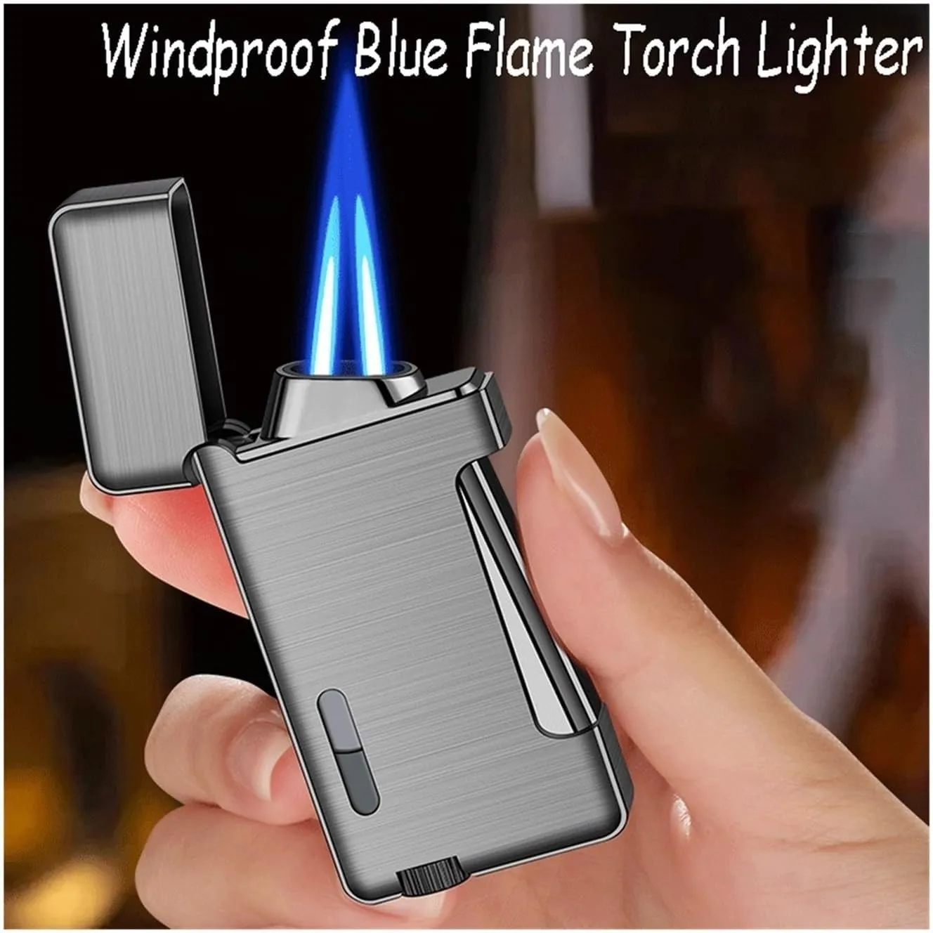 Refillable Torch Lighter, Windproof Jet Dual Flame with Clear Fuel Window Butane Refillable for Camping Candles(Gold)