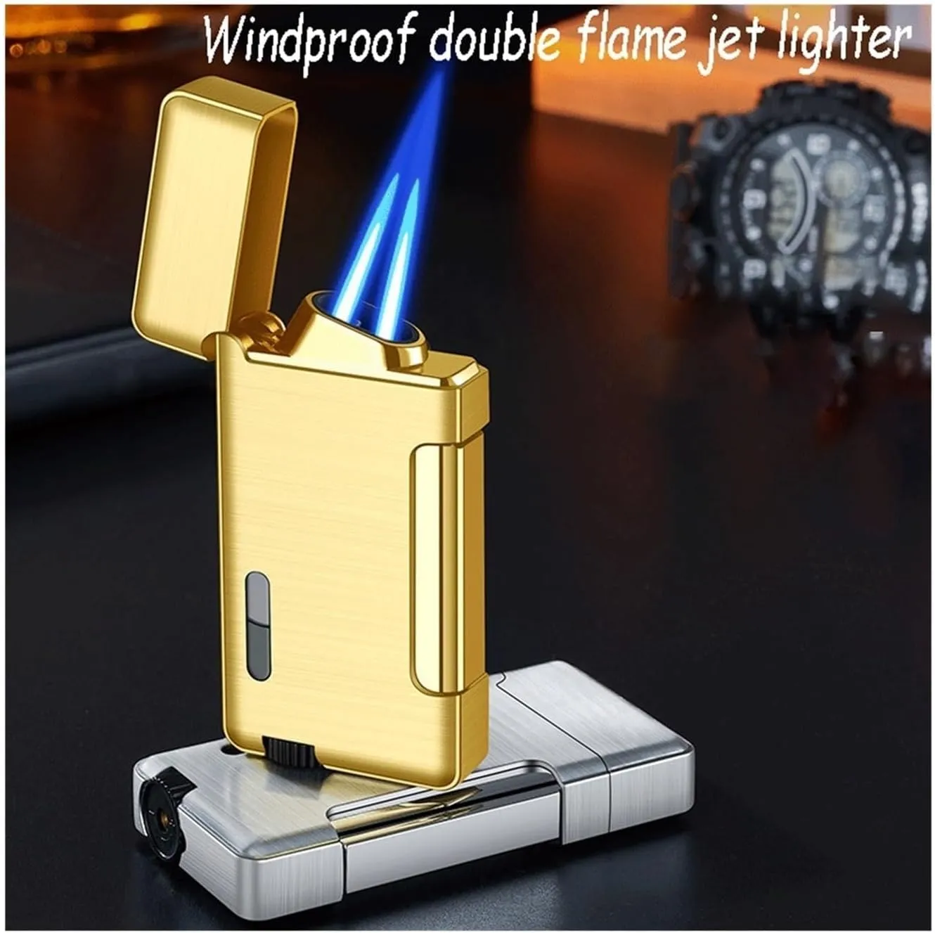 Refillable Torch Lighter, Windproof Jet Dual Flame with Clear Fuel Window Butane Refillable for Camping Candles(Gold)