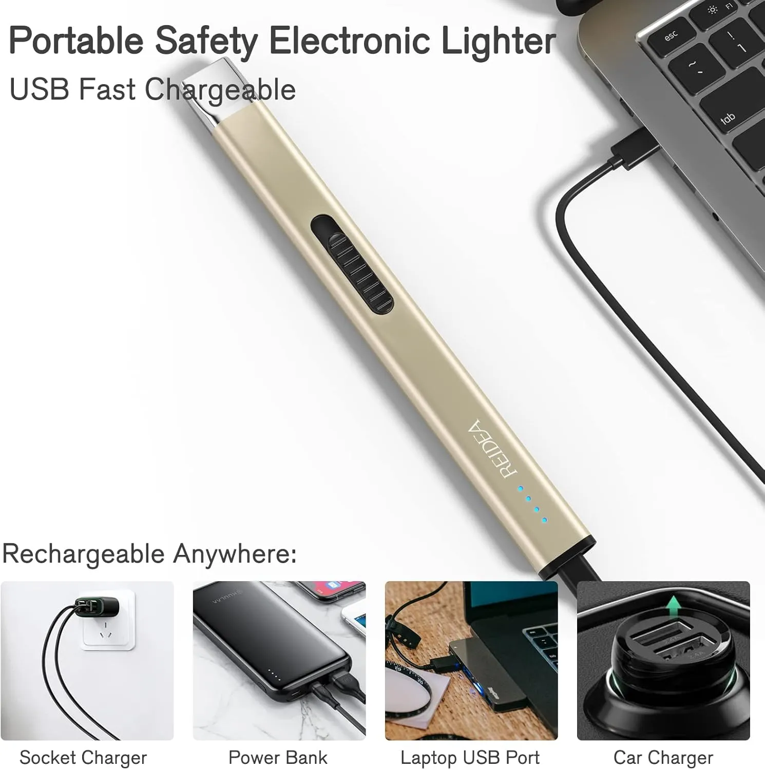 REIDEA Lighters 2 Pack R1 Flat Electronic Candle Lighter, Windproof Flameless USB Rechargeable Arc Lighter with Safe Button and Power Indicator for Candle, BBQ and Fireworks, Champagne Gold and White