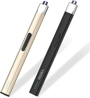 REIDEA Lighters 2 Pack R1 Flat Electronic Candle Lighter, Windproof Flameless USB Rechargeable Arc Lighter with Safe Button and Power Indicator for Candle, BBQ and Fireworks, Champagne Gold and White
