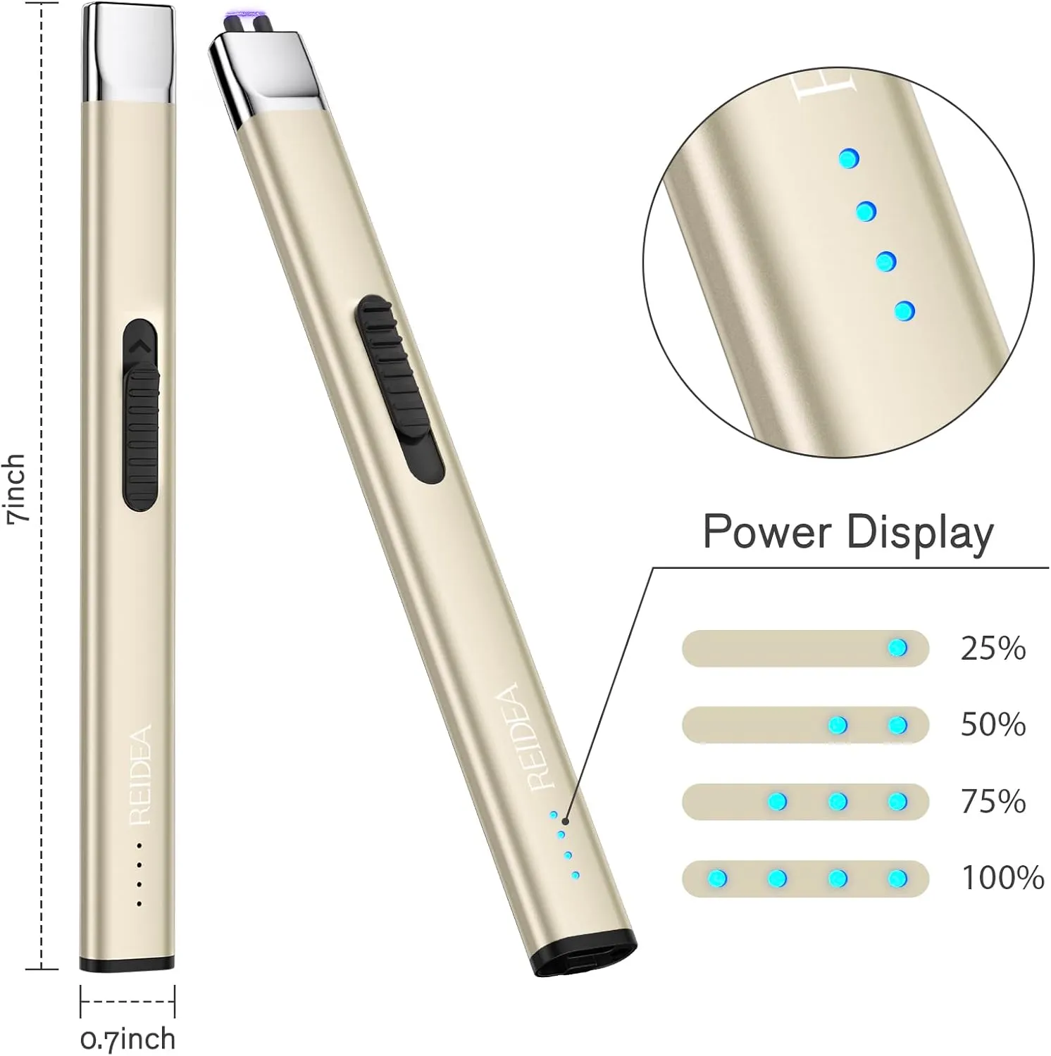 REIDEA Lighters 2 Pack R1 Flat Electronic Candle Lighter, Windproof Flameless USB Rechargeable Arc Lighter with Safe Button and Power Indicator for Candle, BBQ and Fireworks, Champagne Gold and White