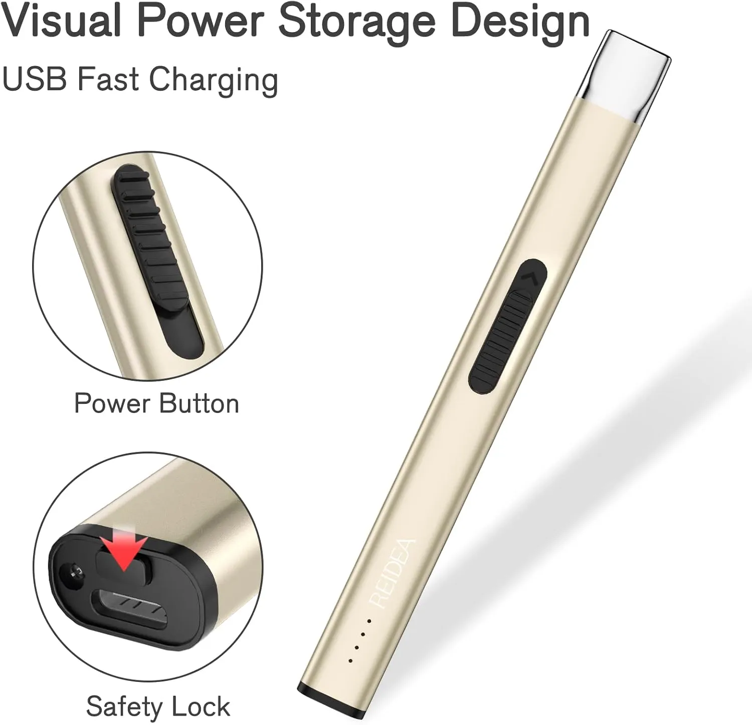 REIDEA Lighters 2 Pack R1 Flat Electronic Candle Lighter, Windproof Flameless USB Rechargeable Arc Lighter with Safe Button and Power Indicator for Candle, BBQ and Fireworks, Champagne Gold and White