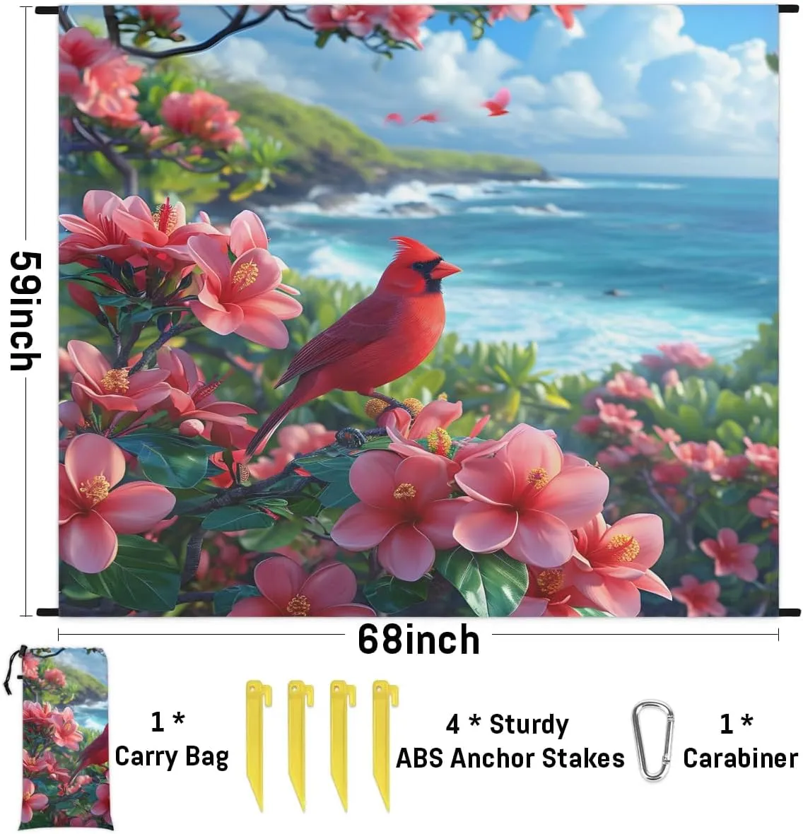 Retro Bird Flower Beach Blanket, Sandproof Beach Mat, 68 x 59 Waterproof Quick Drying Sand Free Mat with 4 x Ground Spikes for Outdoor Travel Camping Hiking, Birds Branch Floral