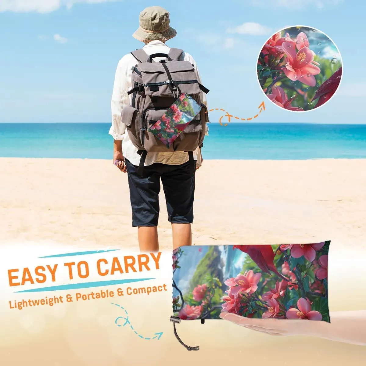 Retro Bird Flower Beach Blanket, Sandproof Beach Mat, 68 x 59 Waterproof Quick Drying Sand Free Mat with 4 x Ground Spikes for Outdoor Travel Camping Hiking, Birds Branch Floral